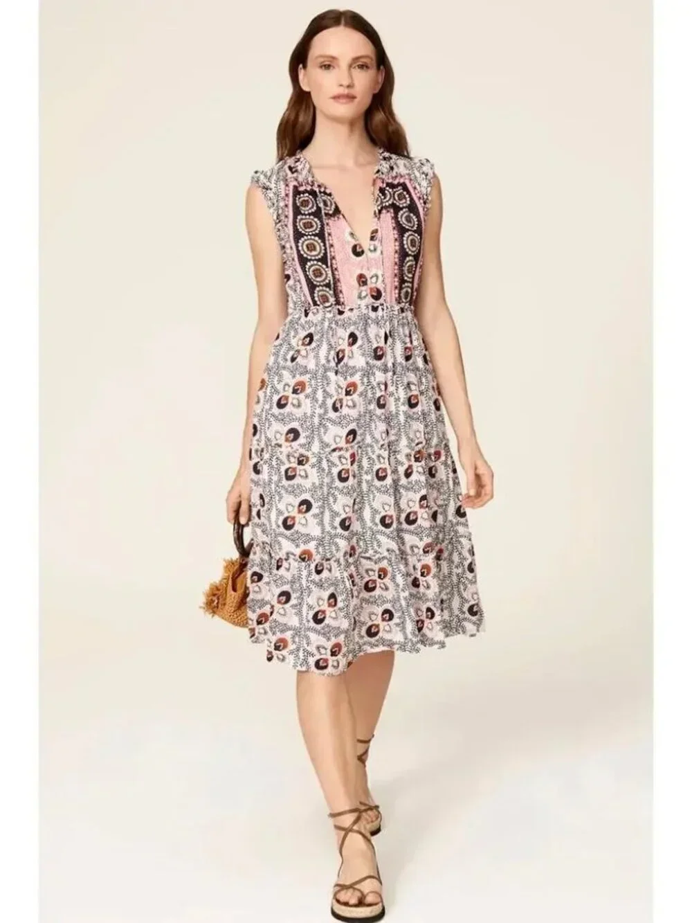 FIGUE Clara Tiered Midi Dress in Water Lily Brown Flowy Boho Sleeveless Shift LG